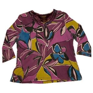 Multiples Brand Women’s Petite Large Multicolor Retro Print Blouse